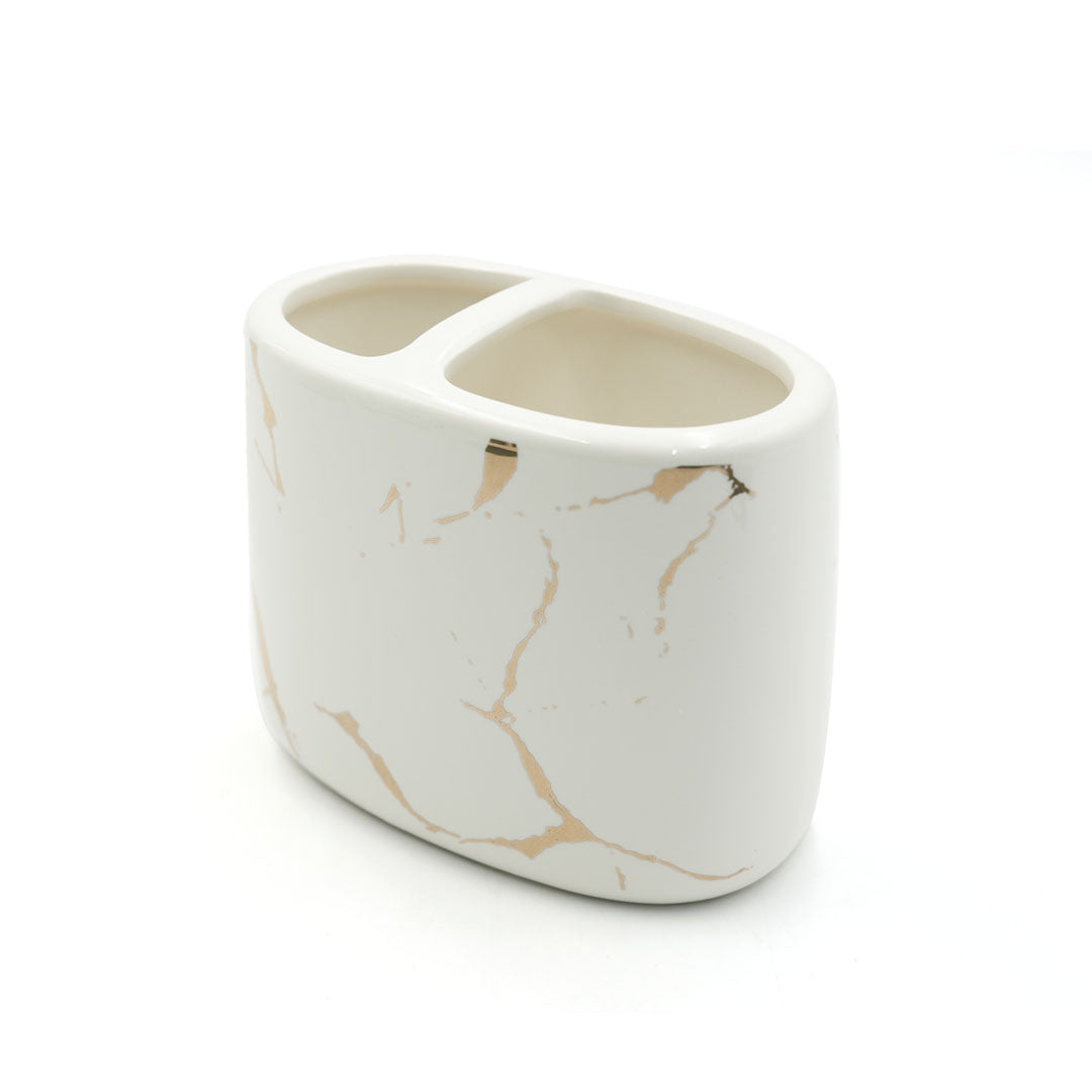 Beram Ceramic Bathroom Accessory Marble Gold and White Round Tip 4PCS Set Includes lotion dispenser toothbrush holder (2in1 Holder) tumbler and soap dish Luxury Glossy white ceramic