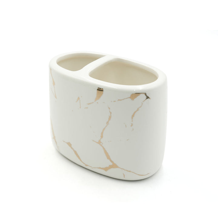 Beram Ceramic Bathroom Accessory Marble Gold and White Round Tip 4PCS Set Includes lotion dispenser toothbrush holder (2in1 Holder) tumbler and soap dish Luxury Glossy white ceramic