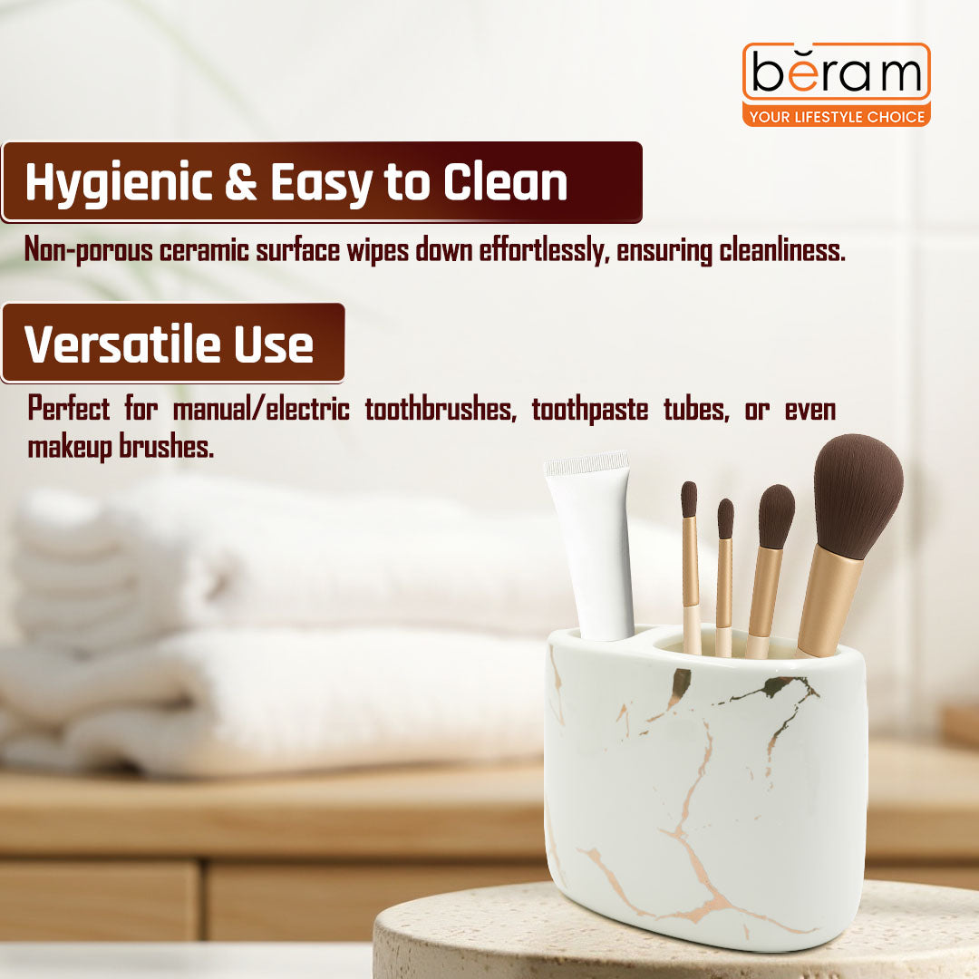 Beram Ceramic Bathroom Accessory Marble Gold and White Round Tip 4PCS Set Includes lotion dispenser toothbrush holder (2in1 Holder) tumbler and soap dish Luxury Glossy white ceramic
