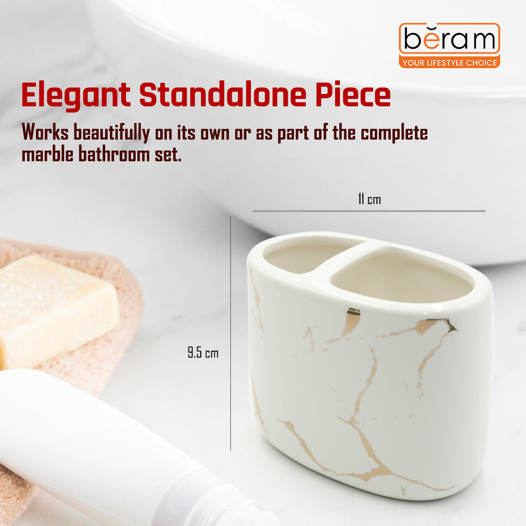 Beram Ceramic Bathroom Accessory Marble Gold and White Round Tip 4PCS Set Includes lotion dispenser toothbrush holder (2in1 Holder) tumbler and soap dish Luxury Glossy white ceramic