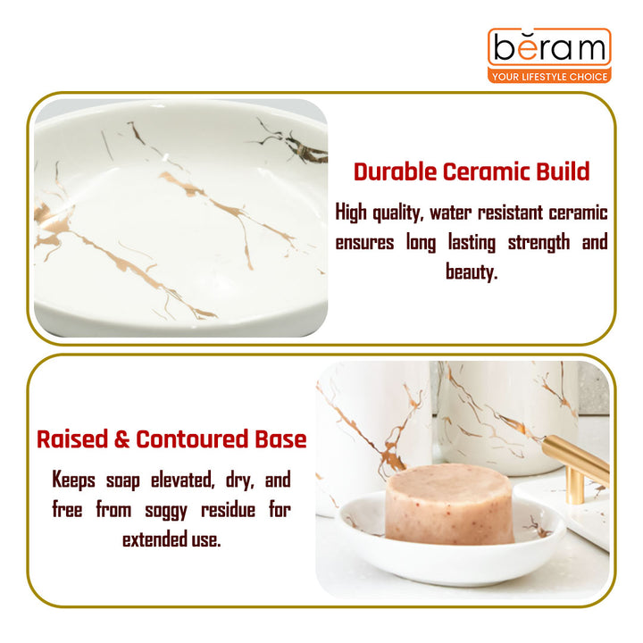 Beram Ceramic Bathroom Accessory Marble Gold and White Round Tip 4PCS Set Includes lotion dispenser toothbrush holder (2in1 Holder) tumbler and soap dish Luxury Glossy white ceramic
