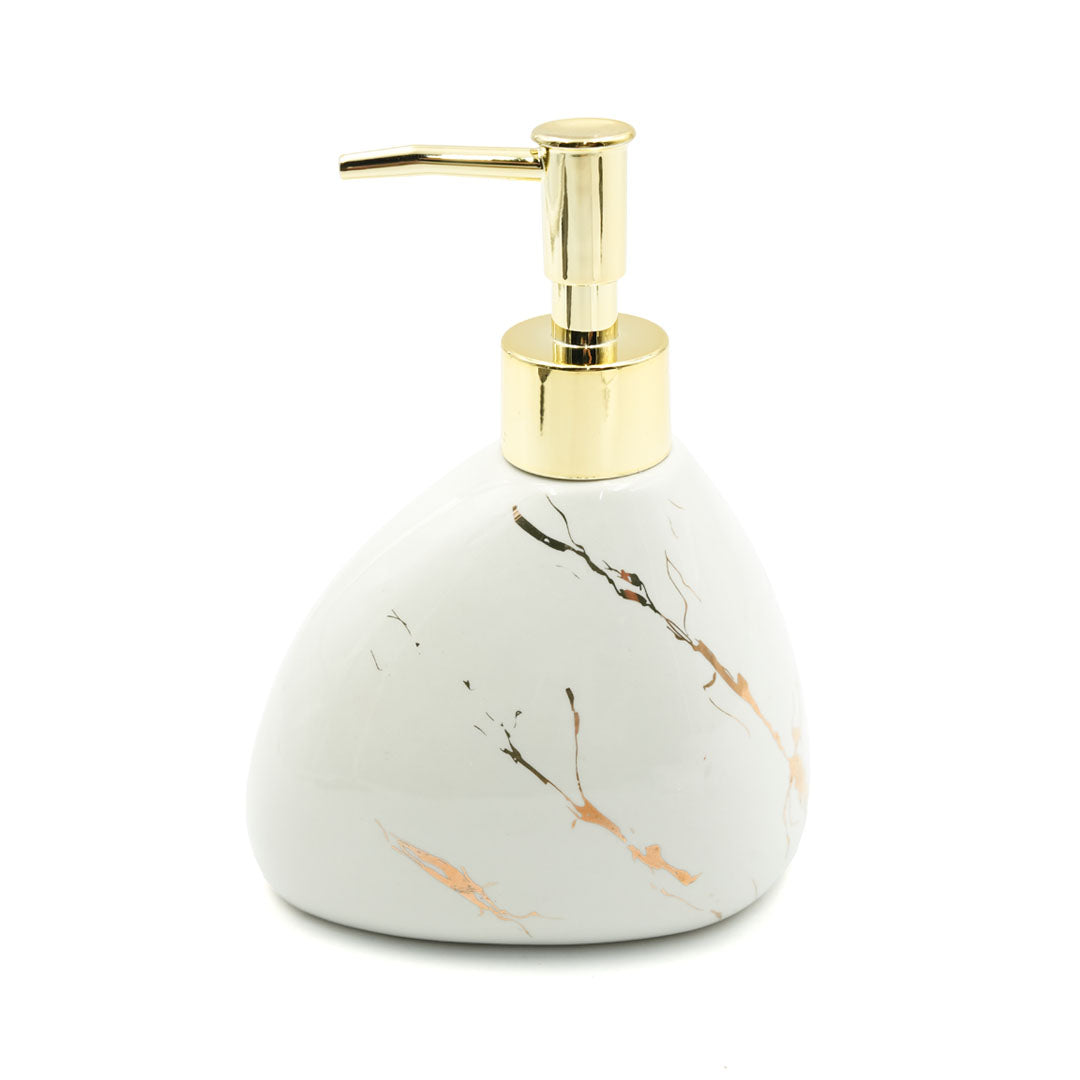 Beram Marble Soap Dispenser 450ml Bathroom Accessory Multi-Purpose Ceramic Pump for Hand Soap Lotion Sanitizer or Shampoo Glossy White and Gold Marble Look (Pear -White and Gold)