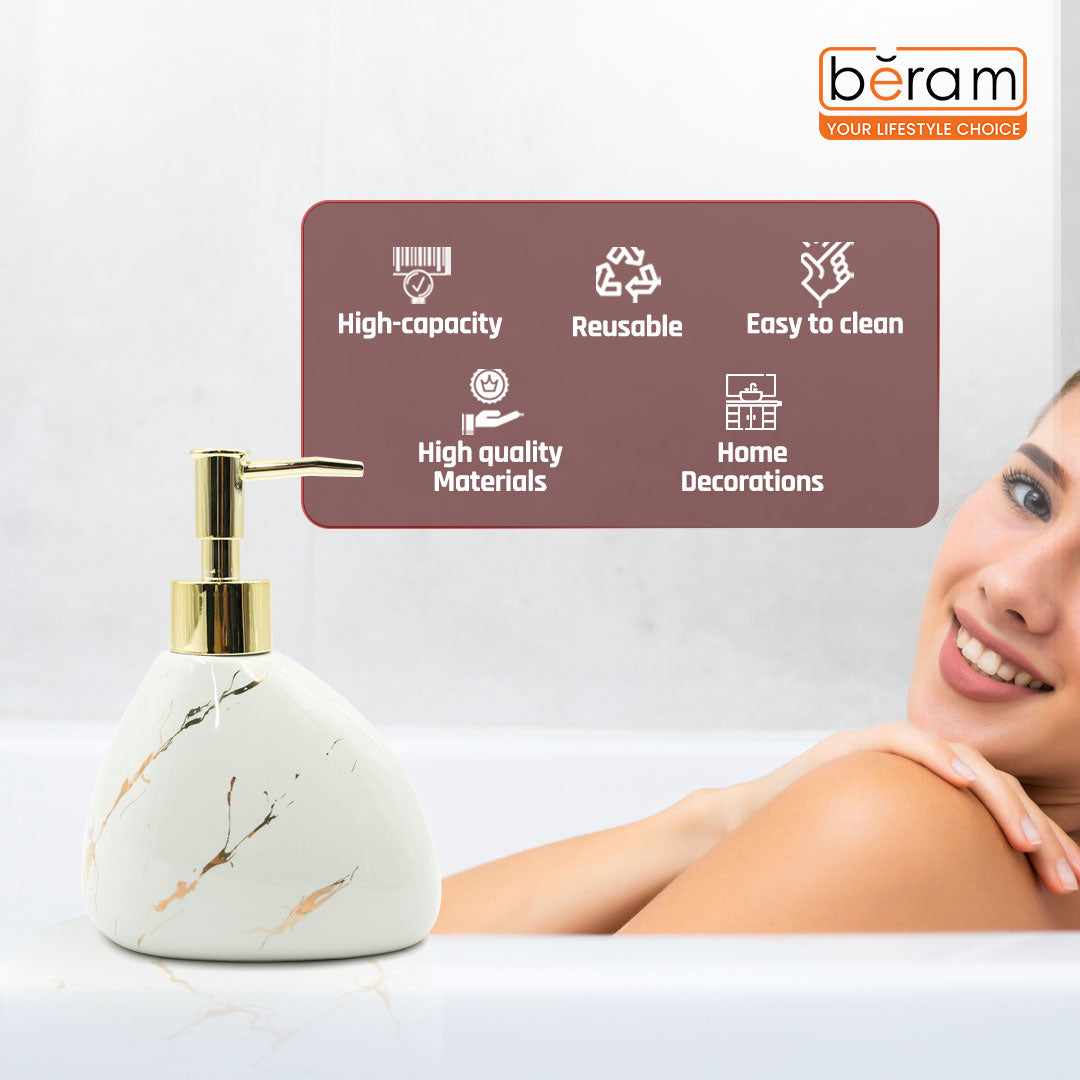 Beram Marble Soap Dispenser 450ml Bathroom Accessory Multi-Purpose Ceramic Pump for Hand Soap Lotion Sanitizer or Shampoo Glossy White and Gold Marble Look (Pear -White and Gold)