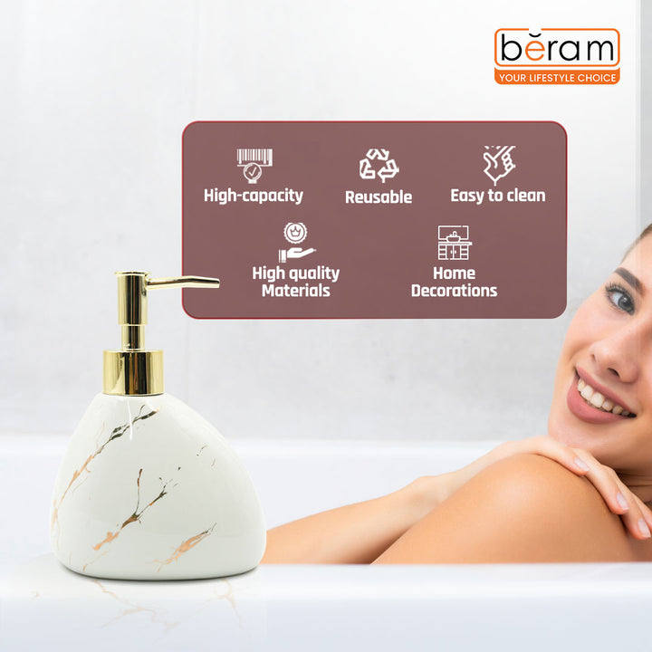 Beram Marble Soap Dispenser 450ml Bathroom Accessory Multi-Purpose Ceramic Pump for Hand Soap Lotion Sanitizer or Shampoo Glossy White and Gold Marble Look (Pear -White and Gold)