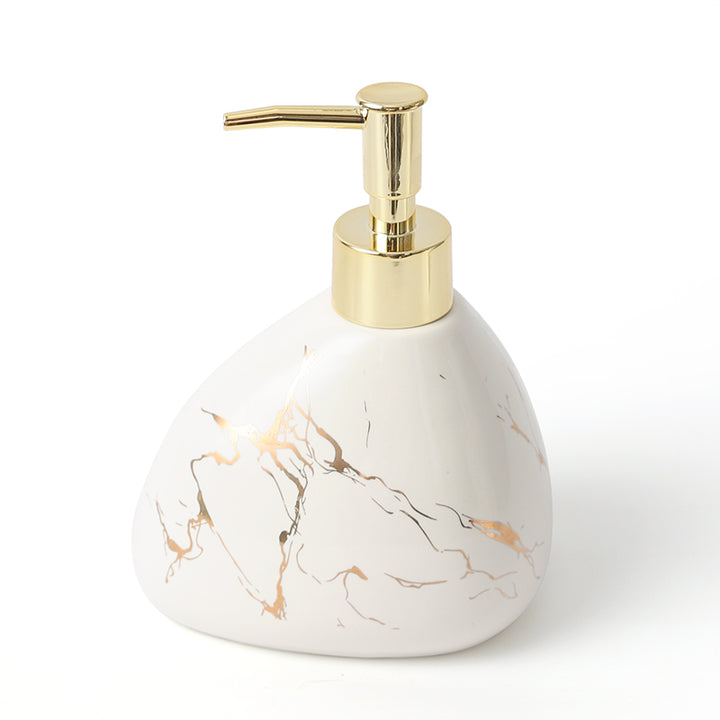 Beram Marble Soap Dispenser 450ml Bathroom Accessory Multi-Purpose Ceramic Pump for Hand Soap Lotion Sanitizer or Shampoo Glossy White and Gold Marble Look (Pear -White and Gold)
