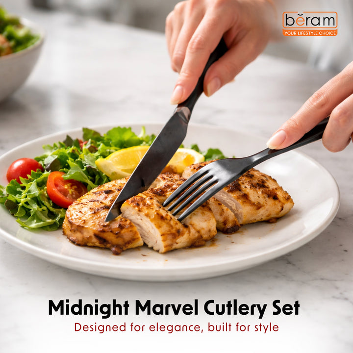 BERAM Midnight Marvel Cutlery Set Premium Stainless Steel Flatware Set with Black Marble Polish Finish Elegant Kitchen Utensils & Tableware Set for Home Restaurants Hotels & Everyday Use