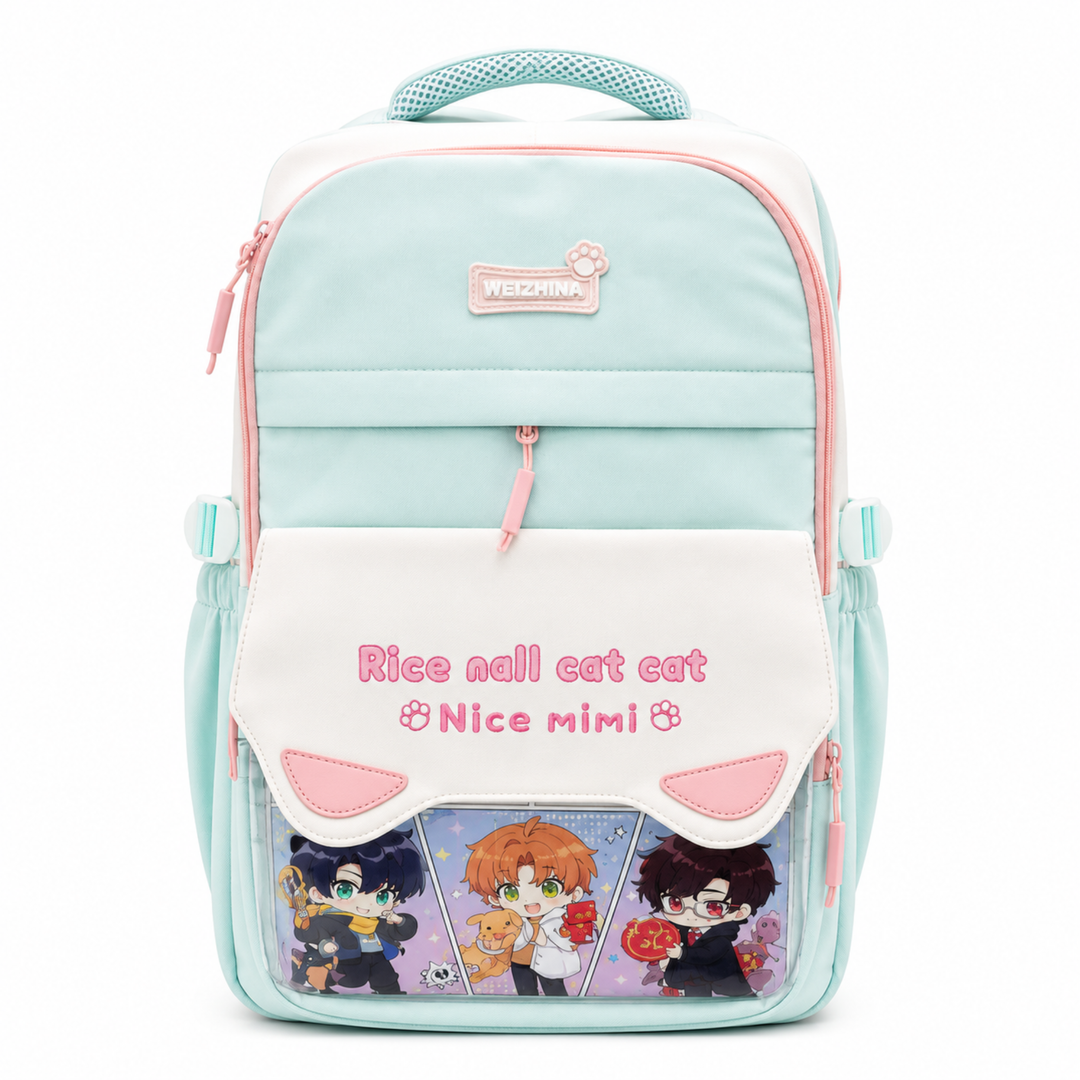 Mimi Meow School Backpack, Cute Cat Water-Resistant Student Backpack with Front Pocket, Lightweight Large Capacity School Bag with Side Bottle Pockets for School & Travel
