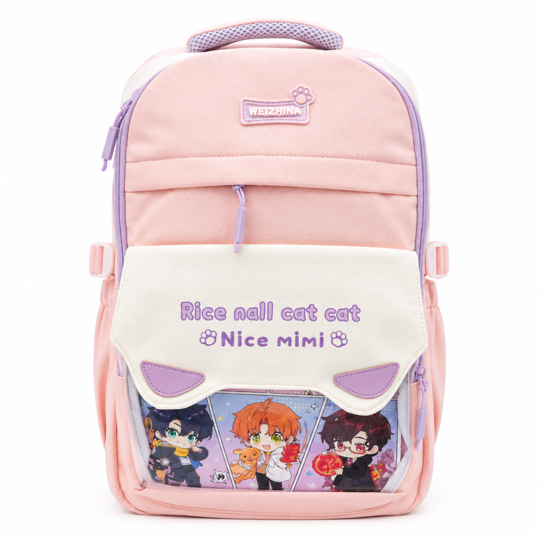 Mimi Meow School Backpack, Cute Cat Water-Resistant Student Backpack with Front Pocket, Lightweight Large Capacity School Bag with Side Bottle Pockets for School & Travel