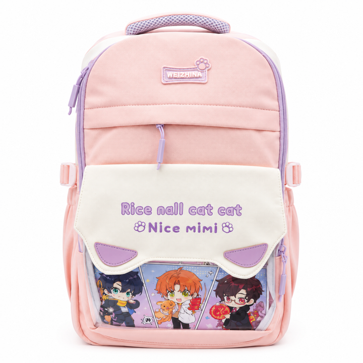 Mimi Meow School Backpack, Cute Cat Water-Resistant Student Backpack with Front Pocket, Lightweight Large Capacity School Bag with Side Bottle Pockets for School & Travel