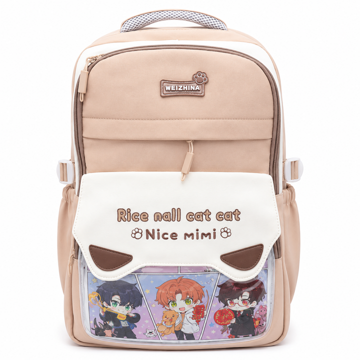 Mimi Meow School Backpack, Cute Cat Water-Resistant Student Backpack with Front Pocket, Lightweight Large Capacity School Bag with Side Bottle Pockets for School & Travel
