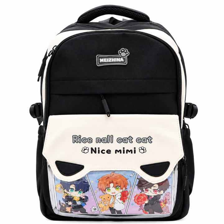 Mimi Meow School Backpack, Cute Cat Water-Resistant Student Backpack with Front Pocket, Lightweight Large Capacity School Bag with Side Bottle Pockets for School & Travel
