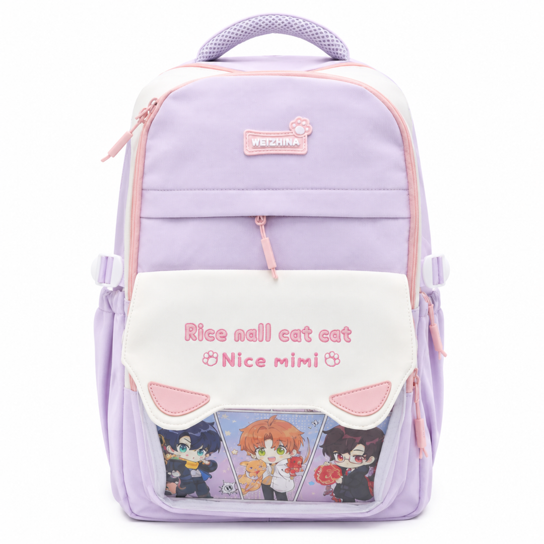 Mimi Meow School Backpack, Cute Cat Water-Resistant Student Backpack with Front Pocket, Lightweight Large Capacity School Bag with Side Bottle Pockets for School & Travel
