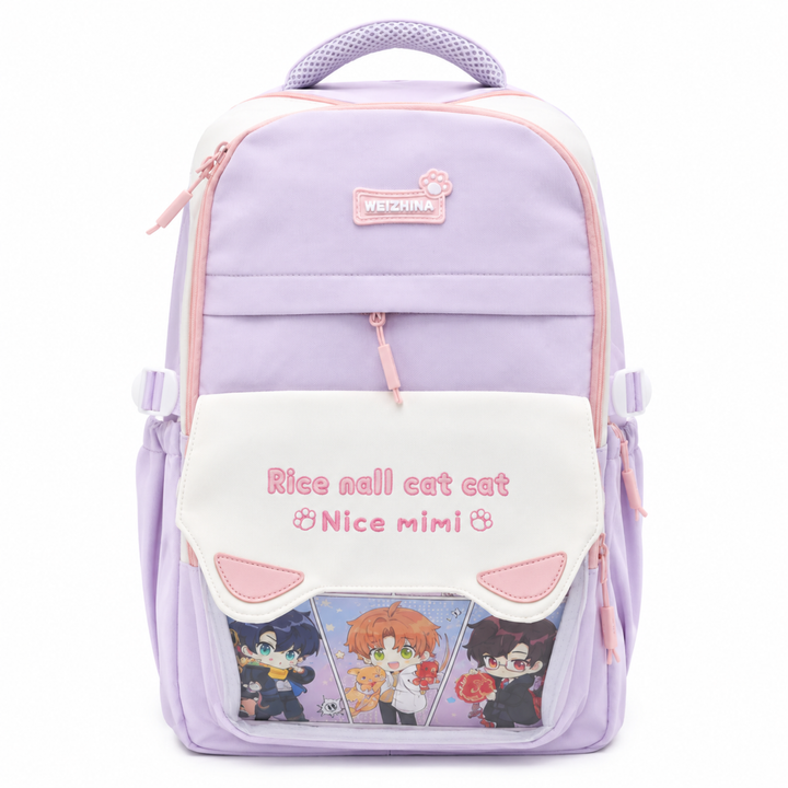 Mimi Meow School Backpack, Cute Cat Water-Resistant Student Backpack with Front Pocket, Lightweight Large Capacity School Bag with Side Bottle Pockets for School & Travel