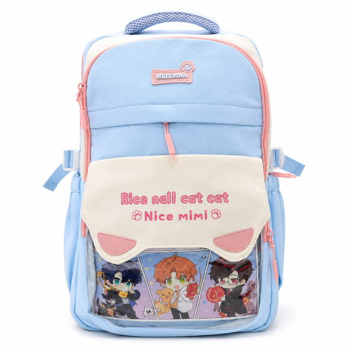 Mimi Meow School Backpack, Cute Cat Water-Resistant Student Backpack with Front Pocket, Lightweight Large Capacity School Bag with Side Bottle Pockets for School & Travel