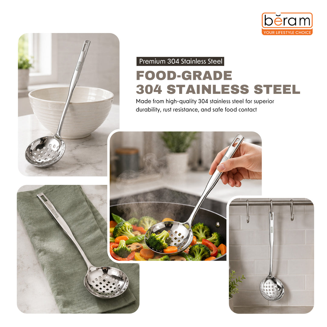 BERAM Stainless Steel Skimmer, Strainer, Cooking Spatula, Kitchen Utensil, Spoon, 100% Food Grade, Compact, Lightweight, Silver, Used for Straining, Frying and Draining