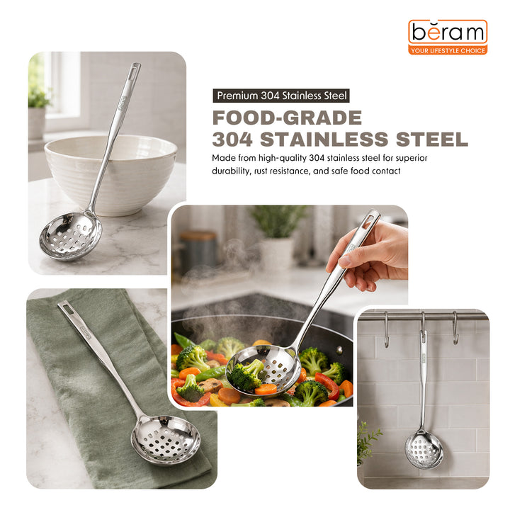 BERAM Stainless Steel Skimmer, Strainer, Cooking Spatula, Kitchen Utensil, Spoon, 100% Food Grade, Compact, Lightweight, Silver, Used for Straining, Frying and Draining
