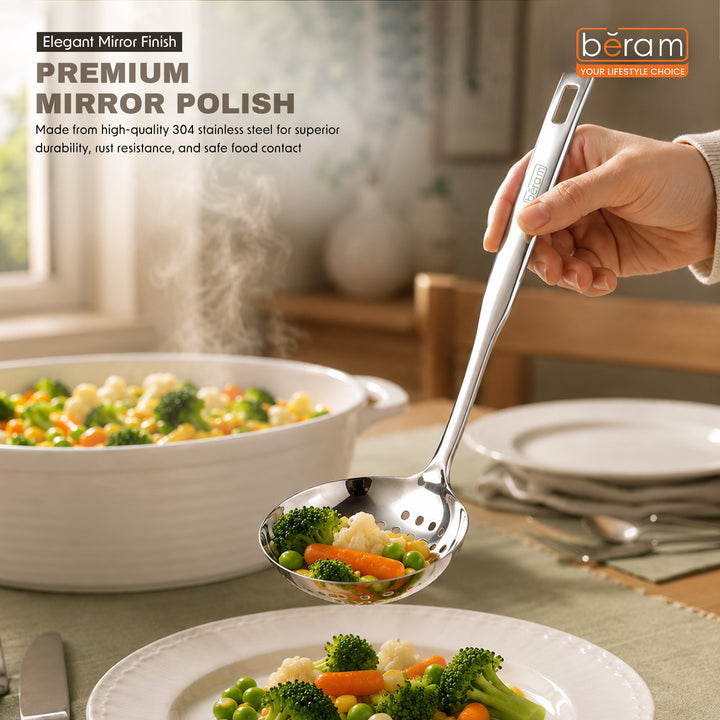 BERAM Stainless Steel Skimmer, Strainer, Cooking Spatula, Kitchen Utensil, Spoon, 100% Food Grade, Compact, Lightweight, Silver, Used for Straining, Frying and Draining