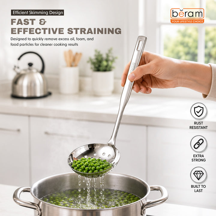 BERAM Stainless Steel Skimmer, Strainer, Cooking Spatula, Kitchen Utensil, Spoon, 100% Food Grade, Compact, Lightweight, Silver, Used for Straining, Frying and Draining