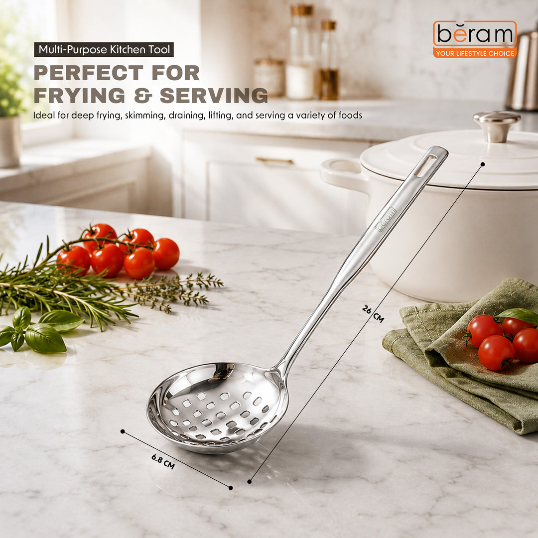 BERAM Stainless Steel Skimmer, Strainer, Cooking Spatula, Kitchen Utensil, Spoon, 100% Food Grade, Compact, Lightweight, Silver, Used for Straining, Frying and Draining