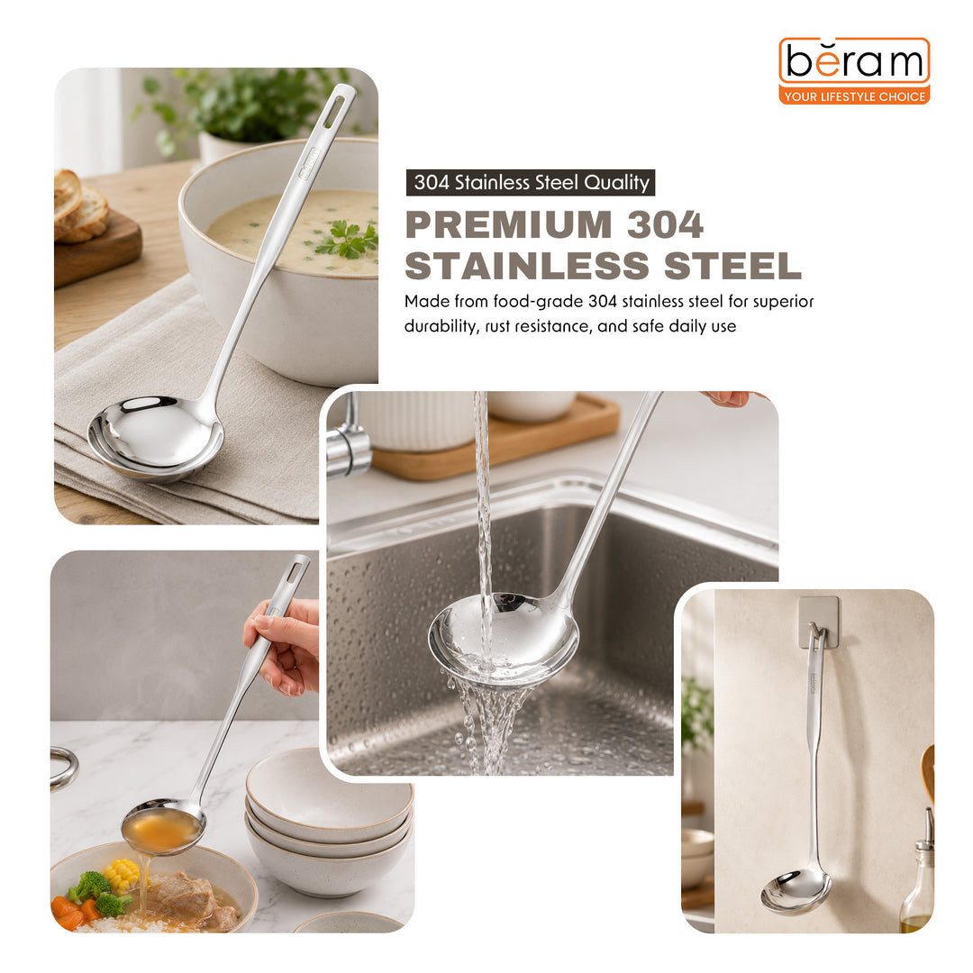 BERAM Stainless Steel Soup Ladle Cooking Utensils Kitchen Tool 100% Food Grade Compact Lightweight Elegant Design Mirror Polishing Silver