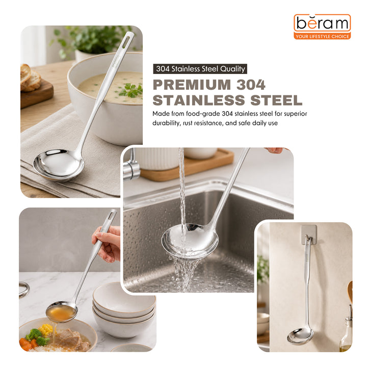 BERAM Stainless Steel Soup Ladle Cooking Utensils Kitchen Tool 100% Food Grade Compact Lightweight Elegant Design Mirror Polishing Silver