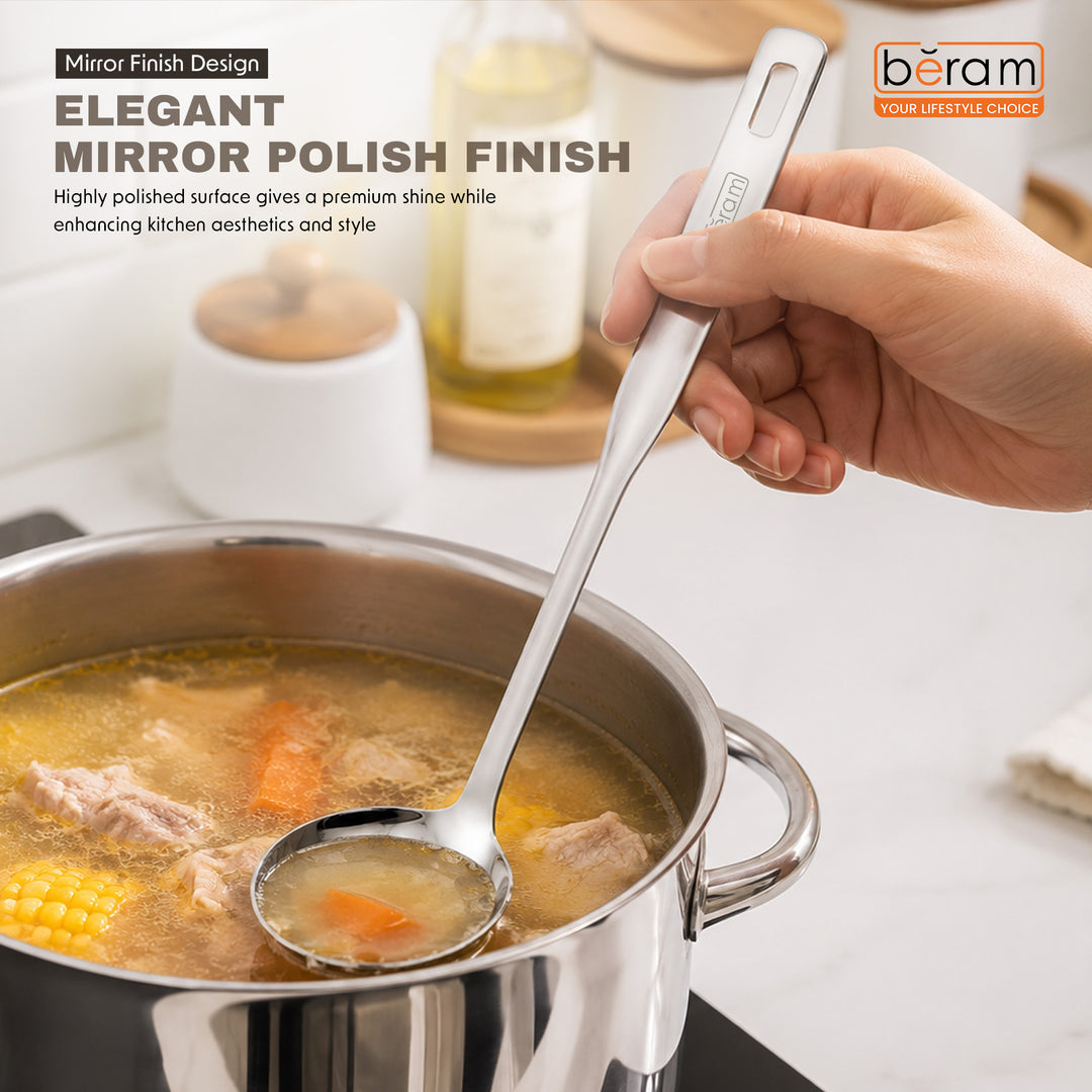 BERAM Stainless Steel Soup Ladle Cooking Utensils Kitchen Tool 100% Food Grade Compact Lightweight Elegant Design Mirror Polishing Silver