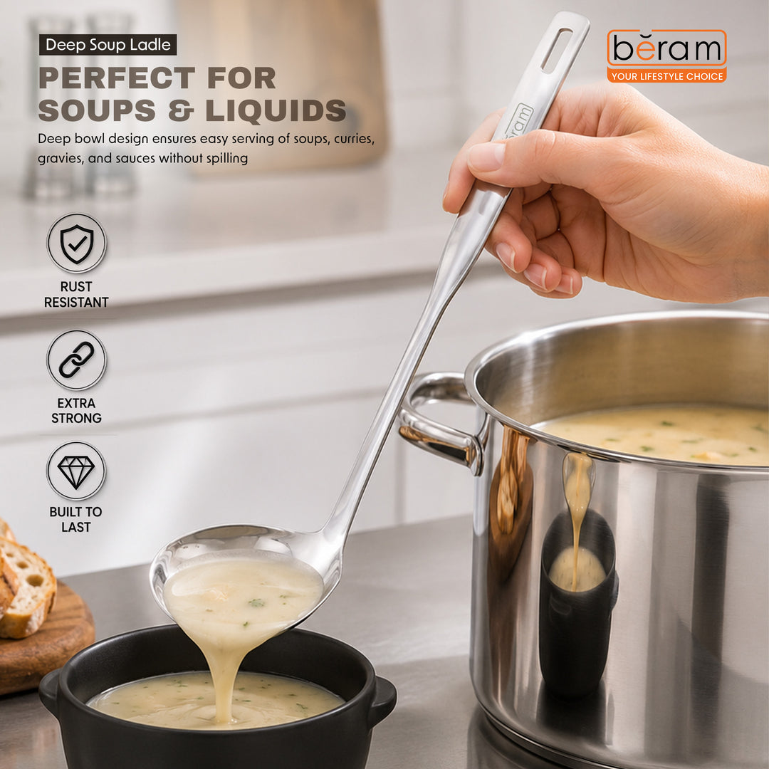 BERAM Stainless Steel Soup Ladle Cooking Utensils Kitchen Tool 100% Food Grade Compact Lightweight Elegant Design Mirror Polishing Silver