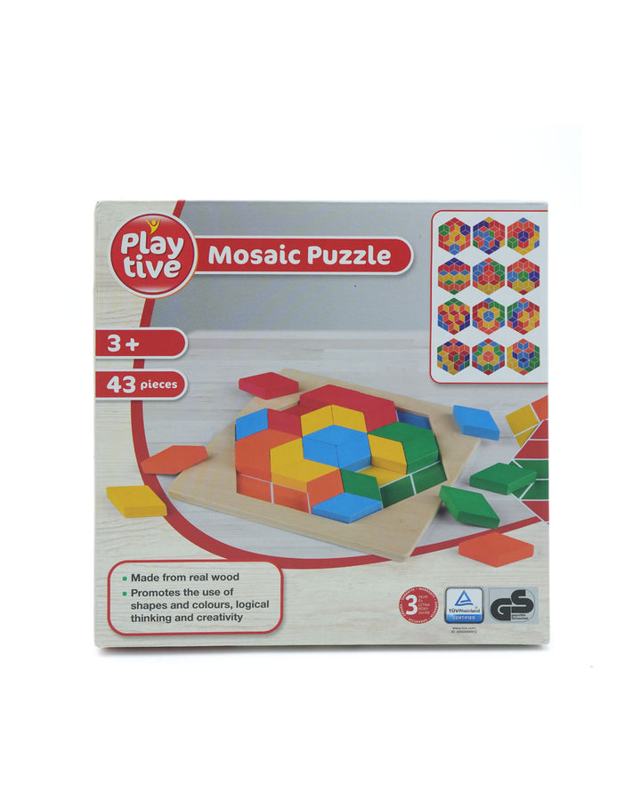 Playtive Wooden Mosaic Puzzle Set – 43 Colorful Geometric Pieces for Kids Ages 3+, Educational Toy for Shape and Color Recognition, Fine Motor Skills, Logical Thinking & Creativity – Durable Wood, TÜV Rheinland Certified