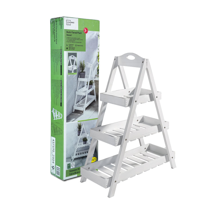 Livarno 3-Tier Multi-Tiered Plant Stand – White Wooden Indoor/Outdoor Ladder Shelf for Flowers, Herbs & Decorative Plants – Foldable Garden Display Rack with Framed Shelves – Weather Resistant – 3kg Load Per Shelf – 58x71.5x24.5cm
