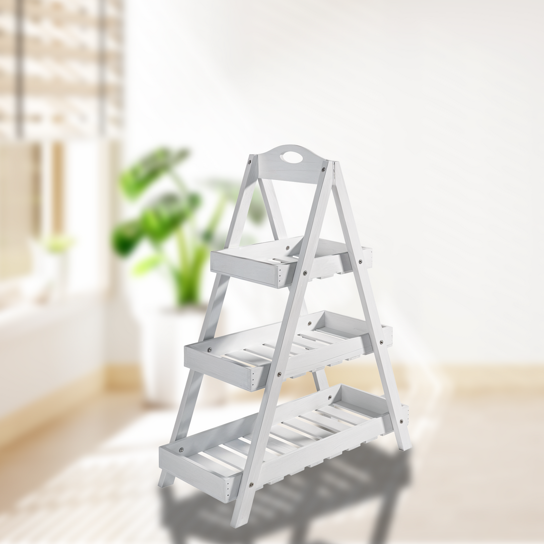 Livarno 3-Tier Multi-Tiered Plant Stand – White Wooden Indoor/Outdoor Ladder Shelf for Flowers, Herbs & Decorative Plants – Foldable Garden Display Rack with Framed Shelves – Weather Resistant – 3kg Load Per Shelf – 58x71.5x24.5cm