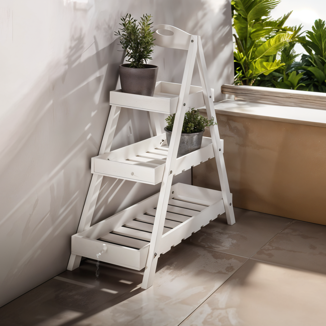 Livarno 3-Tier Multi-Tiered Plant Stand – White Wooden Indoor/Outdoor Ladder Shelf for Flowers, Herbs & Decorative Plants – Foldable Garden Display Rack with Framed Shelves – Weather Resistant – 3kg Load Per Shelf – 58x71.5x24.5cm