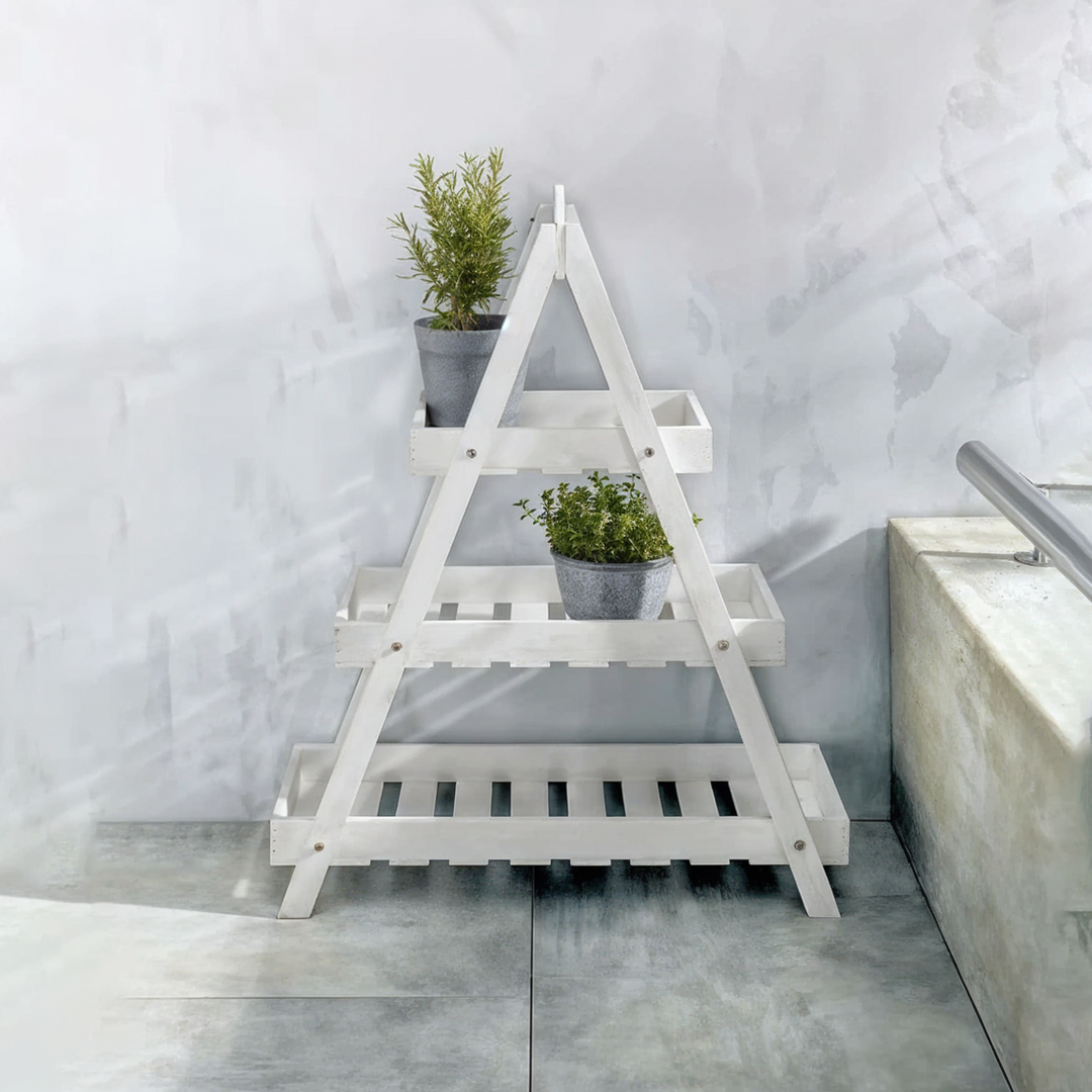 Livarno 3-Tier Multi-Tiered Plant Stand – White Wooden Indoor/Outdoor Ladder Shelf for Flowers, Herbs & Decorative Plants – Foldable Garden Display Rack with Framed Shelves – Weather Resistant – 3kg Load Per Shelf – 58x71.5x24.5cm