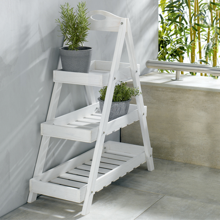 Livarno 3-Tier Multi-Tiered Plant Stand – White Wooden Indoor/Outdoor Ladder Shelf for Flowers, Herbs & Decorative Plants – Foldable Garden Display Rack with Framed Shelves – Weather Resistant – 3kg Load Per Shelf – 58x71.5x24.5cm