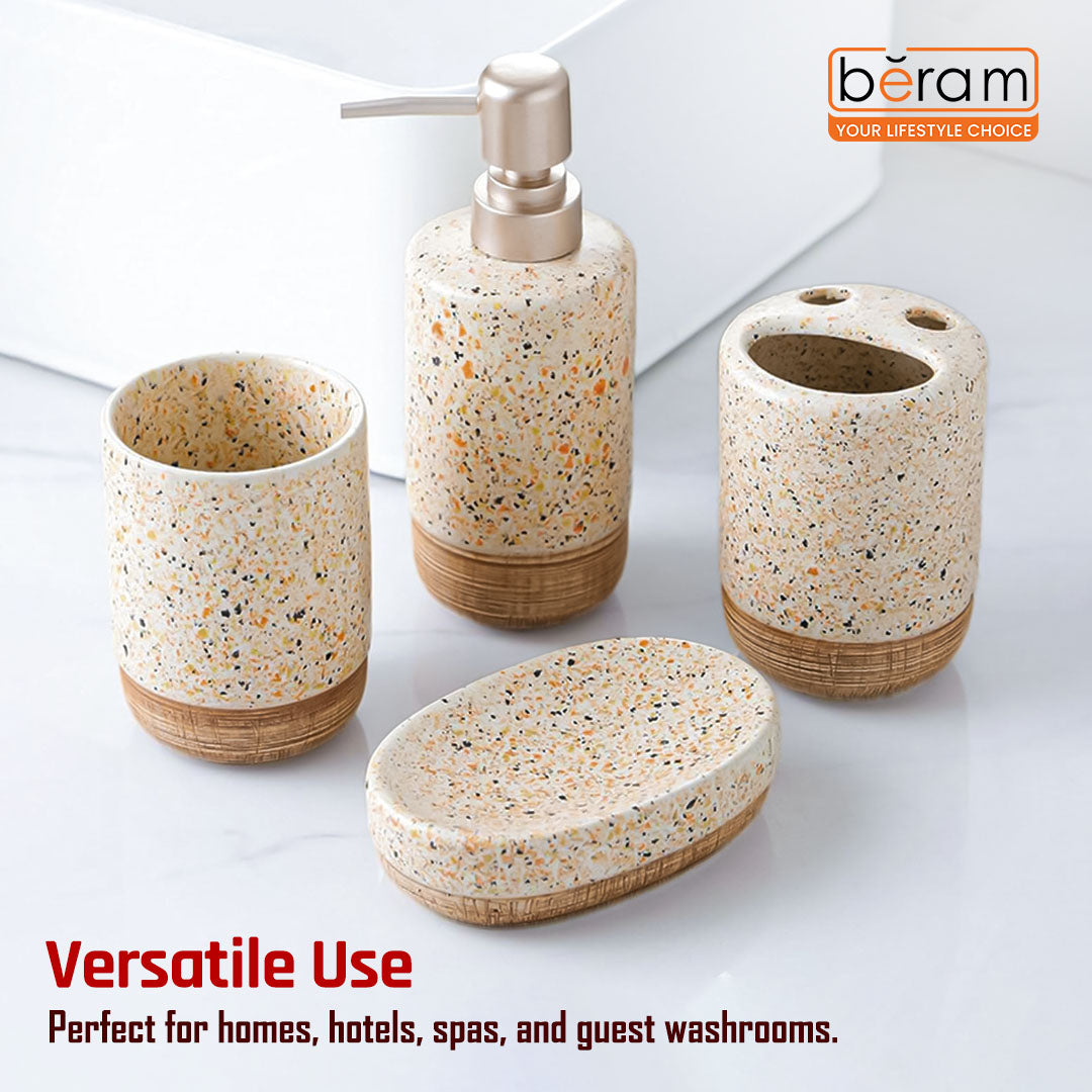 Beram 4pcs Multidots Brown Ceramic Bathroom Accessory Set Terrazzo Finish with Soap Dispenser Tumbler Toothbrush Holder and Soap Dish perfect for bathroom or kitchen countertop