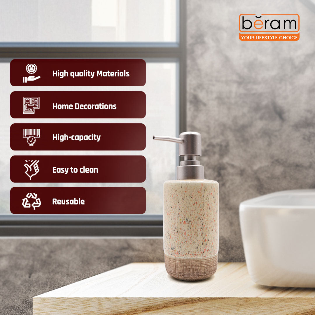 Beram 4pcs Multidots Brown Ceramic Bathroom Accessory Set Terrazzo Finish with Soap Dispenser Tumbler Toothbrush Holder and Soap Dish perfect for bathroom or kitchen countertop
