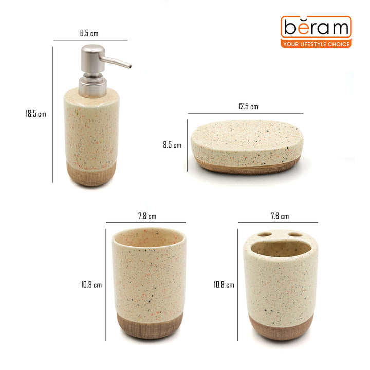 Beram 4pcs Multidots Brown Ceramic Bathroom Accessory Set Terrazzo Finish with Soap Dispenser Tumbler Toothbrush Holder and Soap Dish perfect for bathroom or kitchen countertop