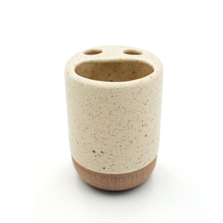 Beram 4pcs Multidots Brown Ceramic Bathroom Accessory Set Terrazzo Finish with Soap Dispenser Tumbler Toothbrush Holder and Soap Dish perfect for bathroom or kitchen countertop