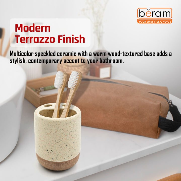 Beram 4pcs Multidots Brown Ceramic Bathroom Accessory Set Terrazzo Finish with Soap Dispenser Tumbler Toothbrush Holder and Soap Dish perfect for bathroom or kitchen countertop