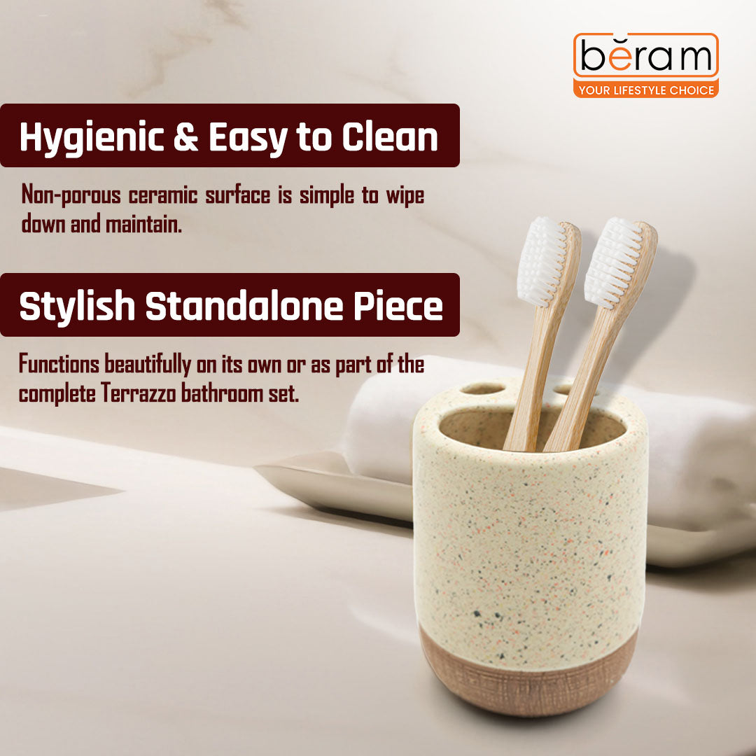 Beram 4pcs Multidots Brown Ceramic Bathroom Accessory Set Terrazzo Finish with Soap Dispenser Tumbler Toothbrush Holder and Soap Dish perfect for bathroom or kitchen countertop