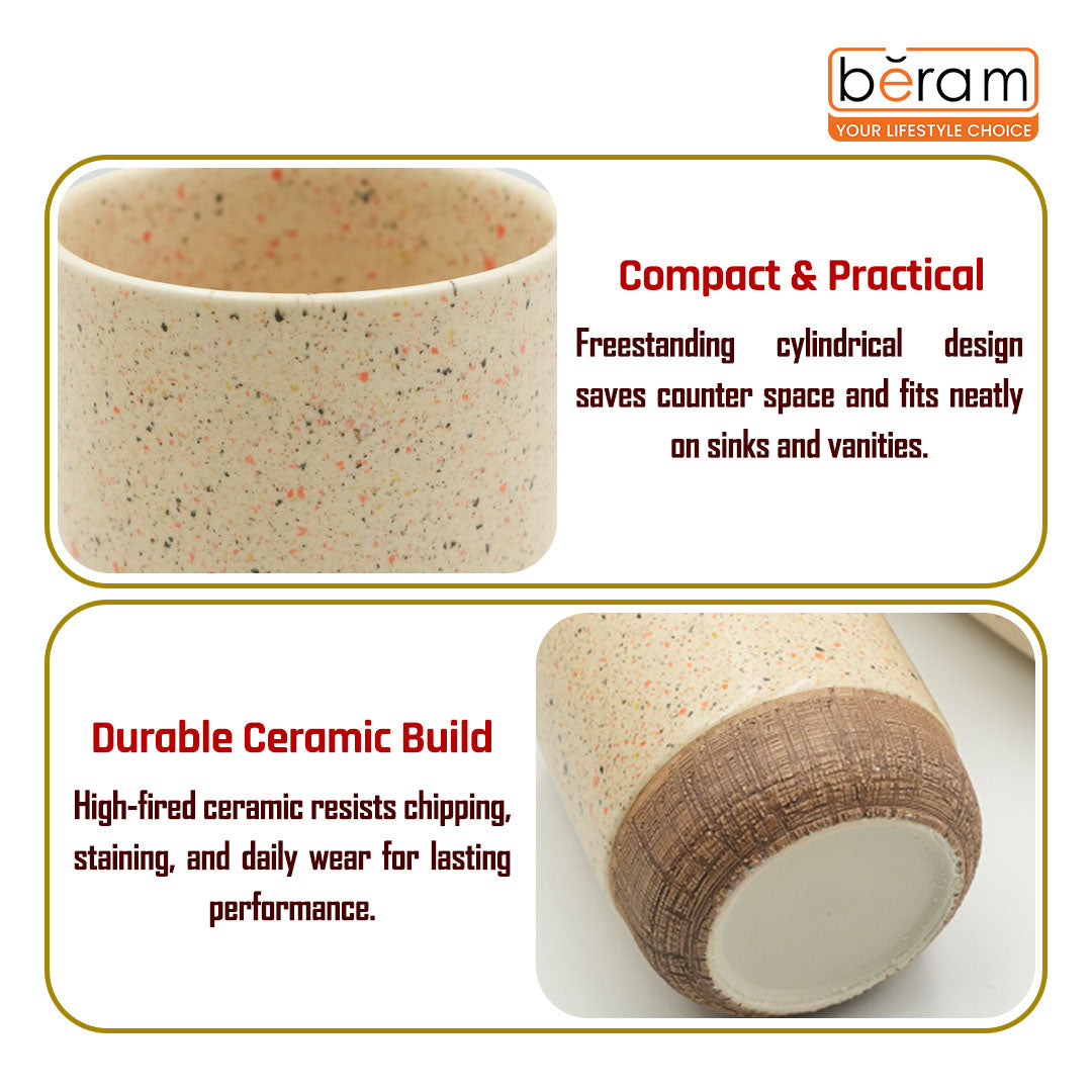 Beram 4pcs Multidots Brown Ceramic Bathroom Accessory Set Terrazzo Finish with Soap Dispenser Tumbler Toothbrush Holder and Soap Dish perfect for bathroom or kitchen countertop