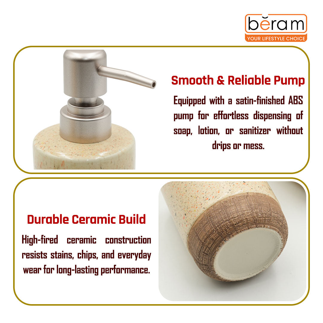 Beram 4pcs Multidots Brown Ceramic Bathroom Accessory Set Terrazzo Finish with Soap Dispenser Tumbler Toothbrush Holder and Soap Dish perfect for bathroom or kitchen countertop