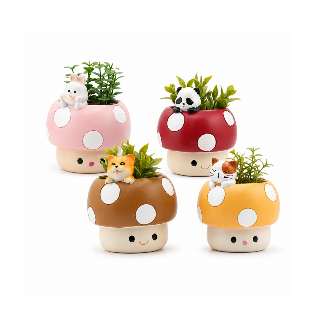 Mushroom Planter Set Panda Sleeping Cat Smiling Cat Cartoon Smiley Polyresin Decorative Flower Pots Cute Animal Succulent Holders with Drainage Hole Indoor Outdoor Home Office Desk Decor Pen Pencil Holder Propagator Kit Gift