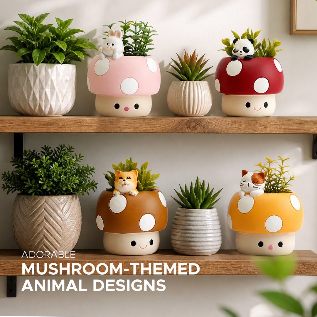 Mushroom Planter Set Panda Sleeping Cat Smiling Cat Cartoon Smiley Polyresin Decorative Flower Pots Cute Animal Succulent Holders with Drainage Hole Indoor Outdoor Home Office Desk Decor Pen Pencil Holder Propagator Kit Gift