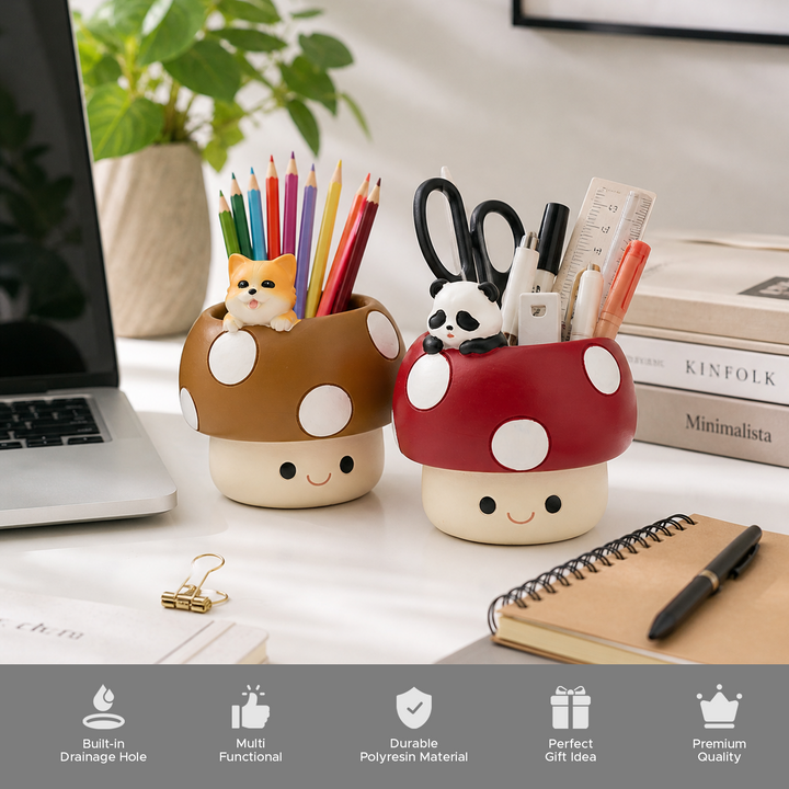 Mushroom Planter Set Panda Sleeping Cat Smiling Cat Cartoon Smiley Polyresin Decorative Flower Pots Cute Animal Succulent Holders with Drainage Hole Indoor Outdoor Home Office Desk Decor Pen Pencil Holder Propagator Kit Gift