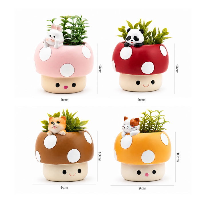 Mushroom Planter Set Panda Sleeping Cat Smiling Cat Cartoon Smiley Polyresin Decorative Flower Pots Cute Animal Succulent Holders with Drainage Hole Indoor Outdoor Home Office Desk Decor Pen Pencil Holder Propagator Kit Gift
