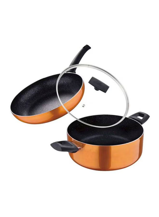 3-Piece Ultra Pressed Aluminium Non-Stick Induction Bottom Cookware Set – 28cm Fry Pan & 26cm Casserole with Lid, Rust Orange Finish, Even Heat Distribution