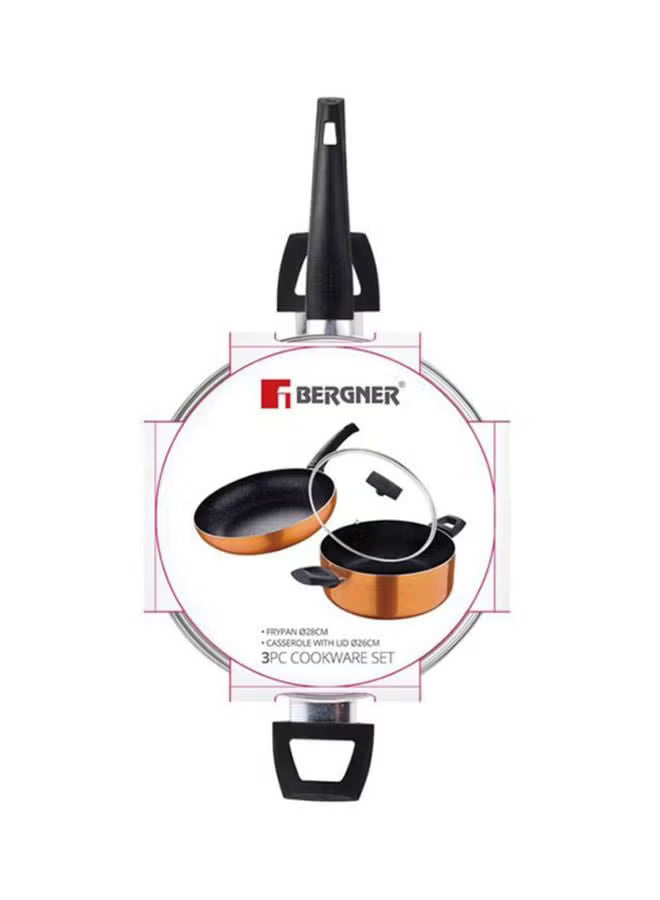 3-Piece Ultra Pressed Aluminium Non-Stick Induction Bottom Cookware Set – 28cm Fry Pan & 26cm Casserole with Lid, Rust Orange Finish, Even Heat Distribution