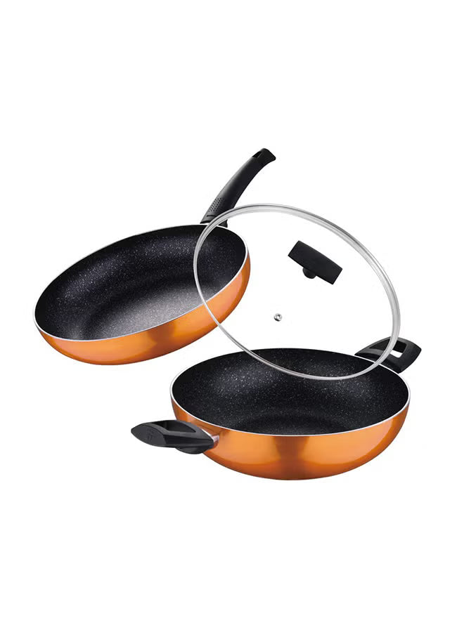 3-Piece Colored Cookware Set with Glass Lids – Premium Stainless Steel & Forged Aluminium, Non-Stick Coating, Ergonomic Bakelite Handles, Even Heat Distribution, Durable & Rust-Resistant Kitchen Pots