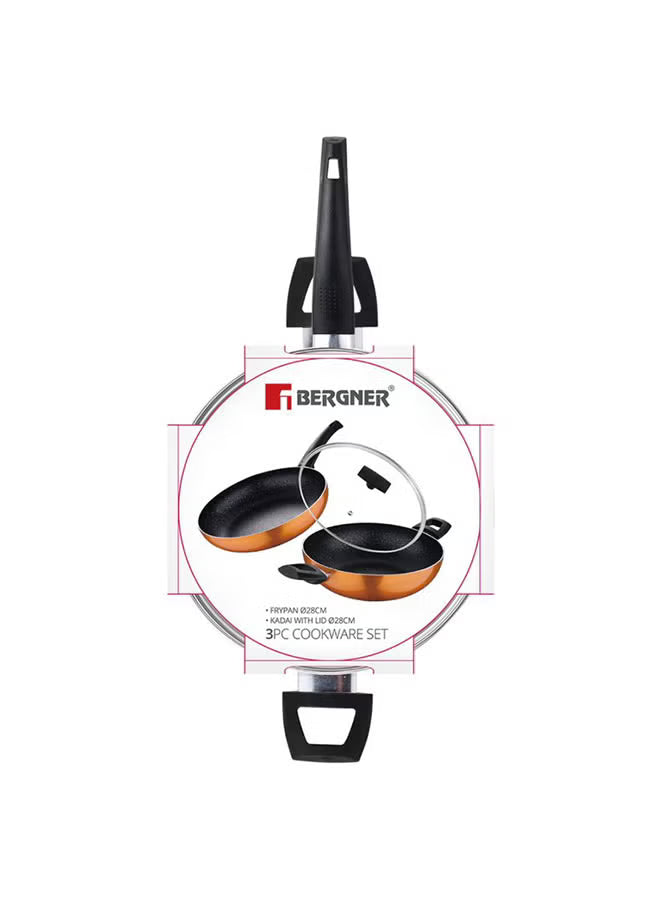 3-Piece Colored Cookware Set with Glass Lids – Premium Stainless Steel & Forged Aluminium, Non-Stick Coating, Ergonomic Bakelite Handles, Even Heat Distribution, Durable & Rust-Resistant Kitchen Pots