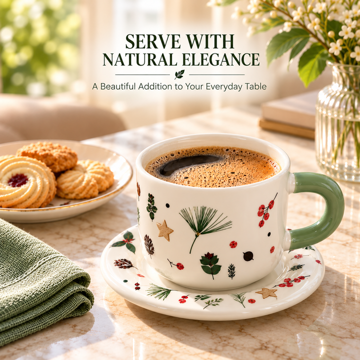 Ceramic Coffee Cup and Saucer Set, Tea Cup with Handle, Elegant White Porcelain Style Cup and Matching Saucer with Botanical Floral Design for Coffee, Tea, Cappuccino and Home Serving